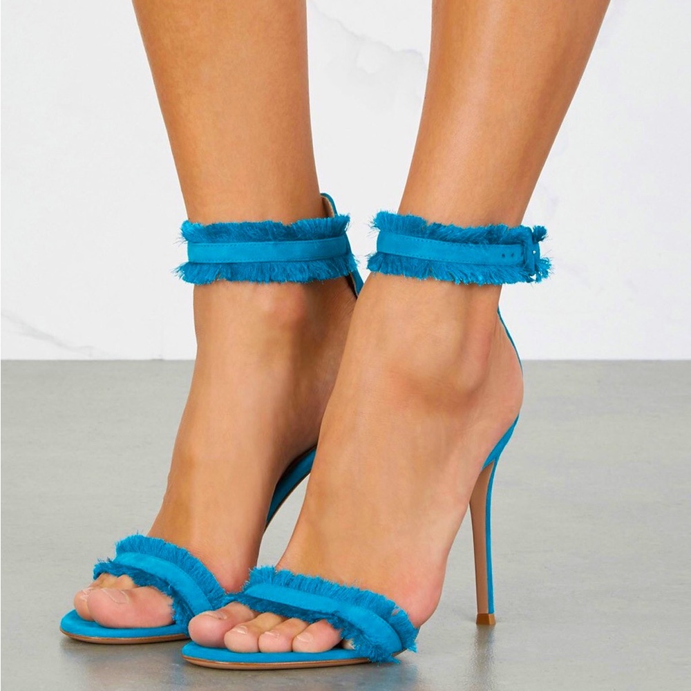 GIANVITO ROSSI Caribe Portofino turquoise fringed suede sandals 100MM